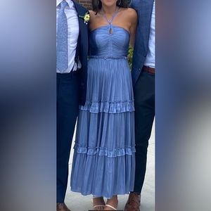 Aqua Blue Pleated Tiered Halter Dress